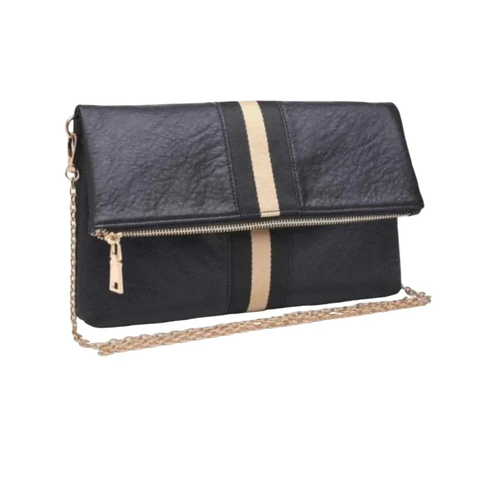 Glitzy Girlz Black Faux Leather Foldover Clutch Purse with Gold Chain Strap